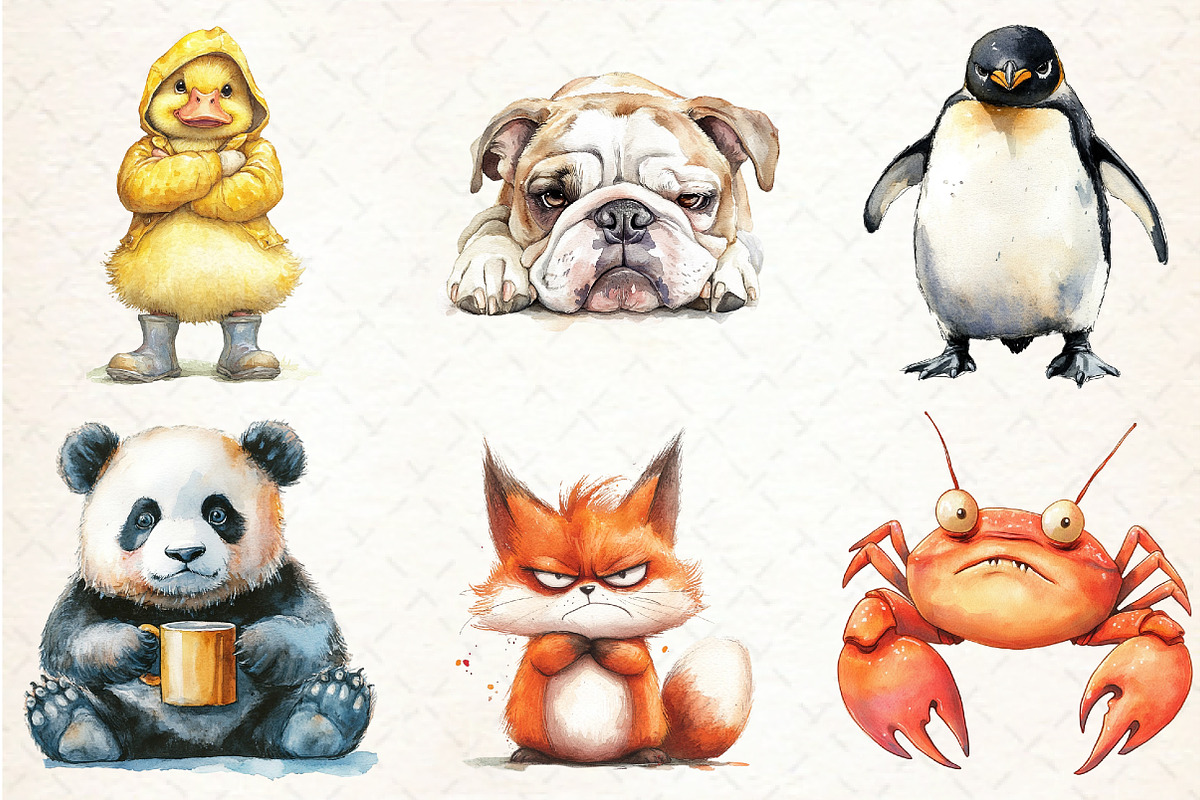 Watercolor Grumpy Animals Clipart, an Illustration by Libby Wishes (Photo 3 of 6)