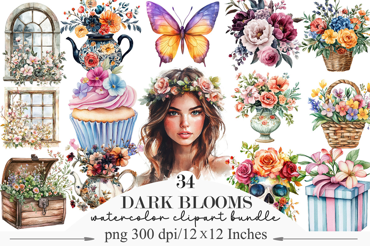 Watercolor Dark Blooms Clipart, an Illustration by Designking (Photo 1 of 5)
