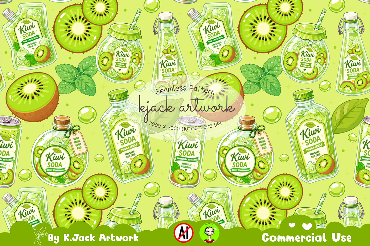 Cute Kiwi Soda Seamless Pattern, a Background Graphic by K.JackArtwork (Photo 1 of 8)