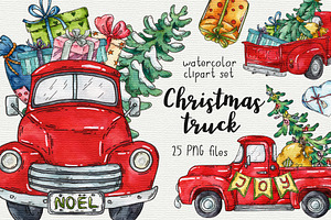 Christmas truck watercolor clipart