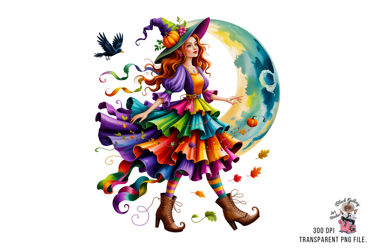 10 Colorful Autumn Witch PNG with Mo, an Illustration by Clipart Bloom (Photo 2 of 11)