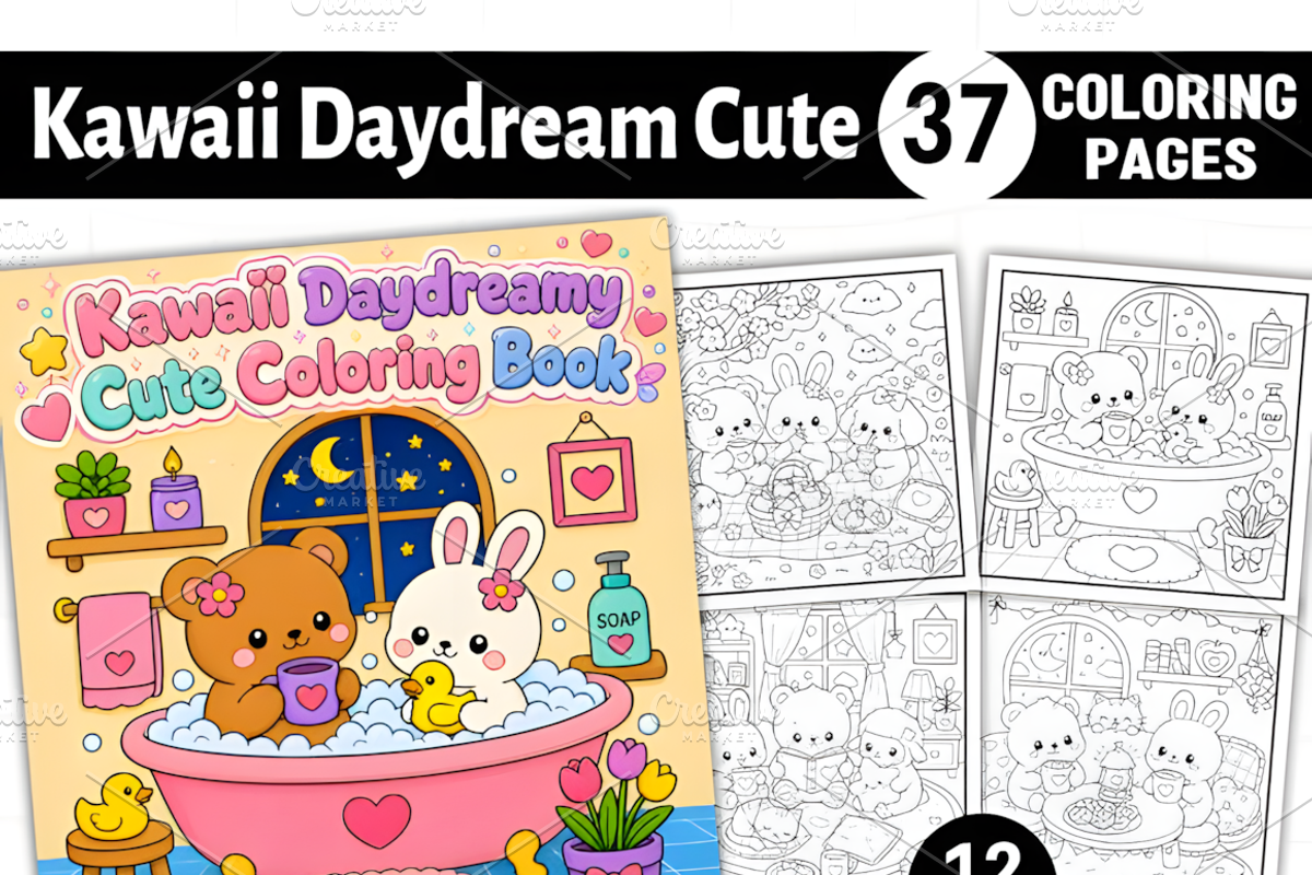 Kawaii Daydreamy Cute Coloring Pages, a Decorative Illustration by Coco Bloom (Photo 1 of 8)