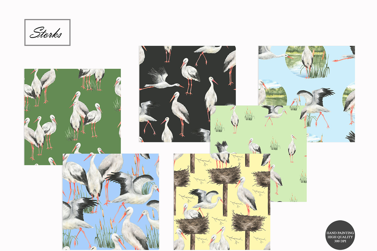 Watercolor Stork Seamless Patterns, an Animal Illustration by OlDm_Shop (Photo 2 of 10)
