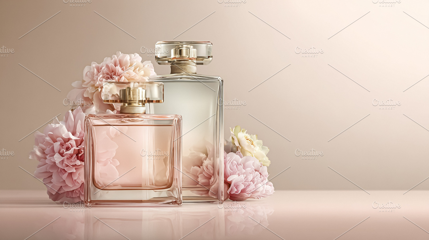 Two elegant perfume bottles standing with soft pink flowers, cre, a Photo by Studio ANNA