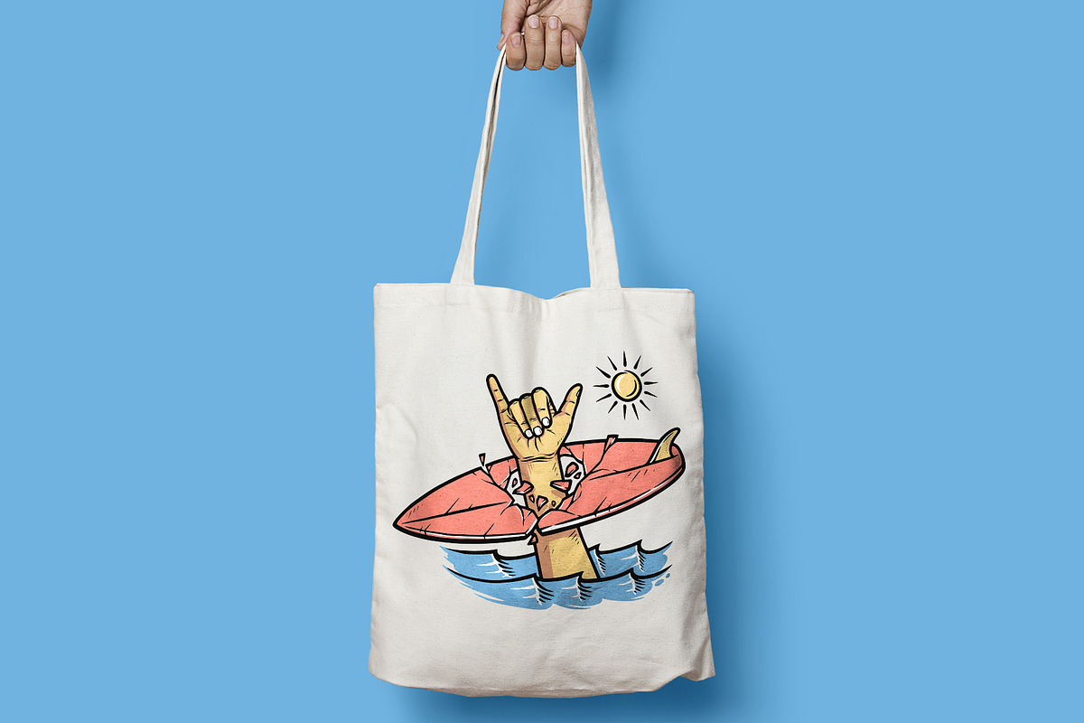 shaka hand and surfboard in the sea, a Sport Illustration by gunaonedesign (Photo 3 of 3)