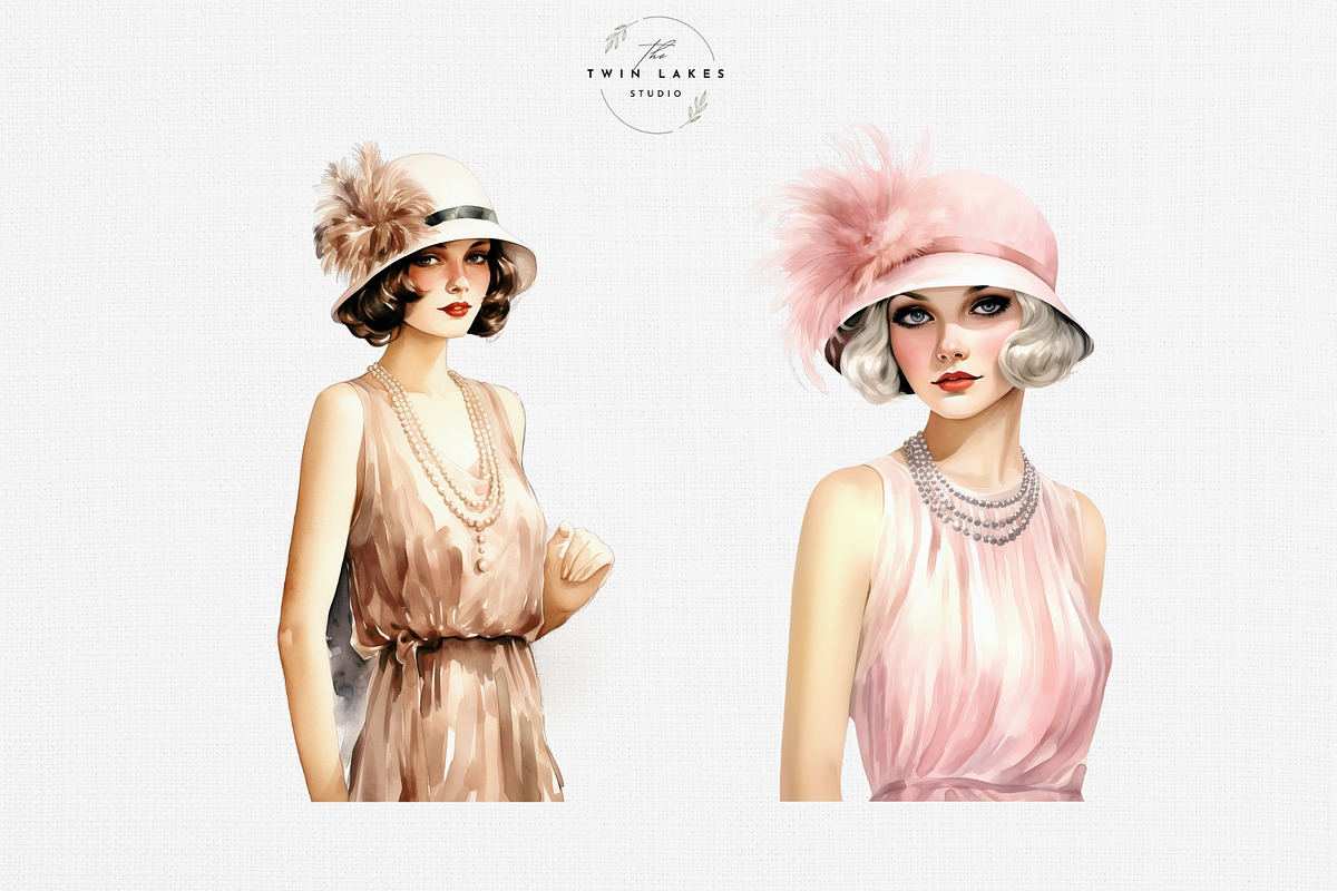 Watercolor Flapper Girls Clipart Set, a Person Illustration by The Twin Lakes Studio (Photo 10 of 11)
