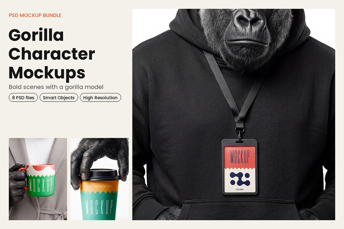 Gorilla Character Mockup Set, a Merchandise Mockup by dpi (Photo 1 of 9)