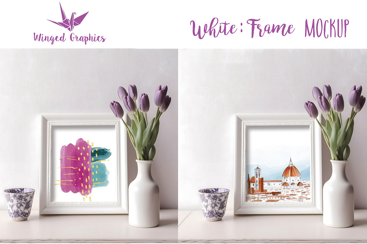 Mockup : white frame & purple tulip, a Merchandise Mockup by Winged Graphics (Photo 2 of 2)