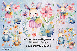 Cute Bunny With Flowers Watercolor