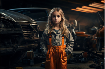 Brave Car mechanic child girl garage, a Person Photo by Ylivdesign