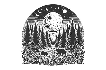 Moonlit Forest Scene with Bears and, an Illustration by AlexArt