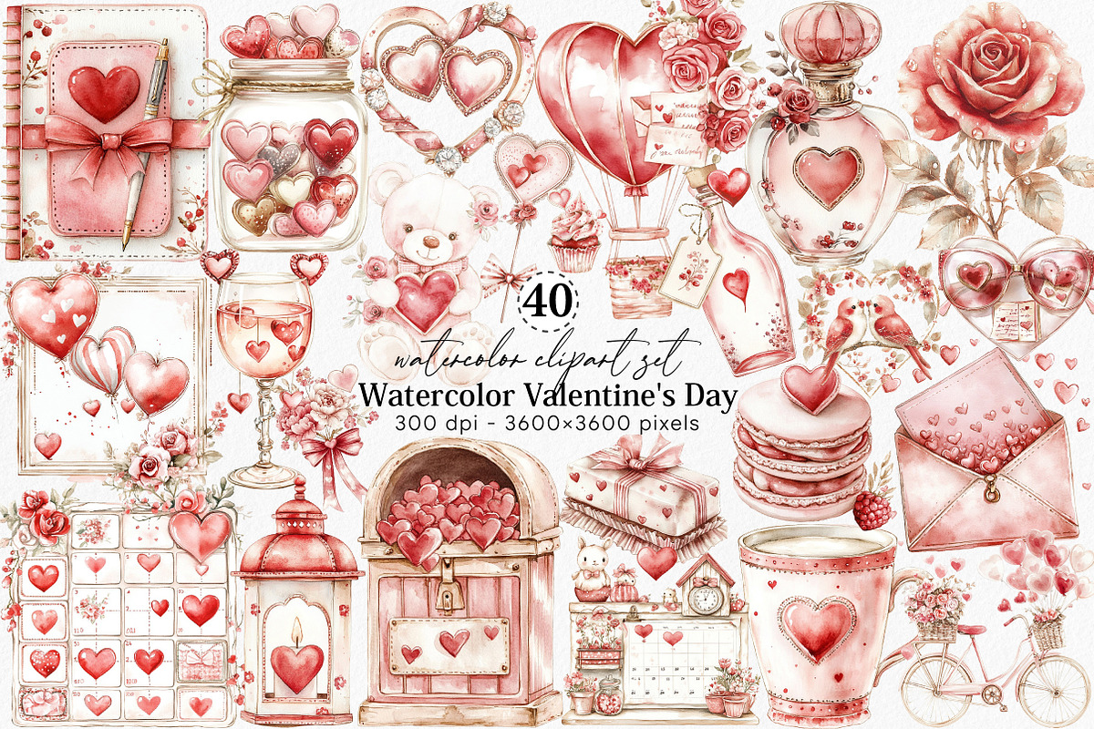 Watercolor Valentine's Day Clipart, an Illustration by Canvas Craft (Photo 1 of 6)