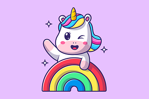 Cute Unicorn Waving Hand On Rainbow, an Animal Illustration by Catalyst Labs
