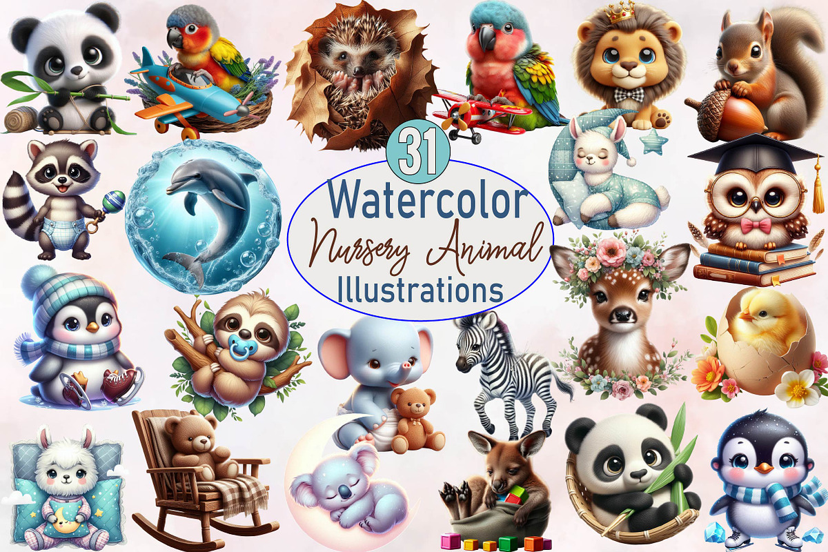 Watercolor Baby Animal Nursery Clipa, an Illustration by SVGArt (Photo 1 of 8)