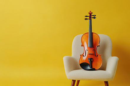 Violin on armchair on yellow color background, an Arts & Entertainment Photo by AlyaAnd
