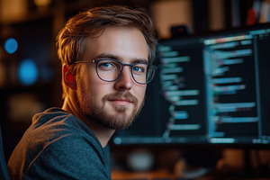 NLP Developer. A young man with glasses sitting in front of a computer screen d, a Person Photo by Textures & Backgrounds