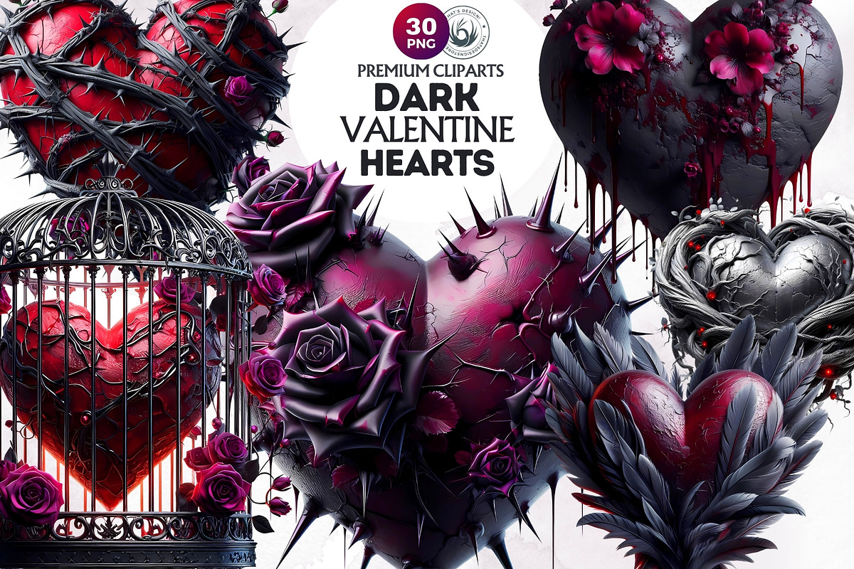 Dark Valentine Hearts clipart Set, a Seasonal Illustration by ThatsDesignArt (Photo 1 of 10)