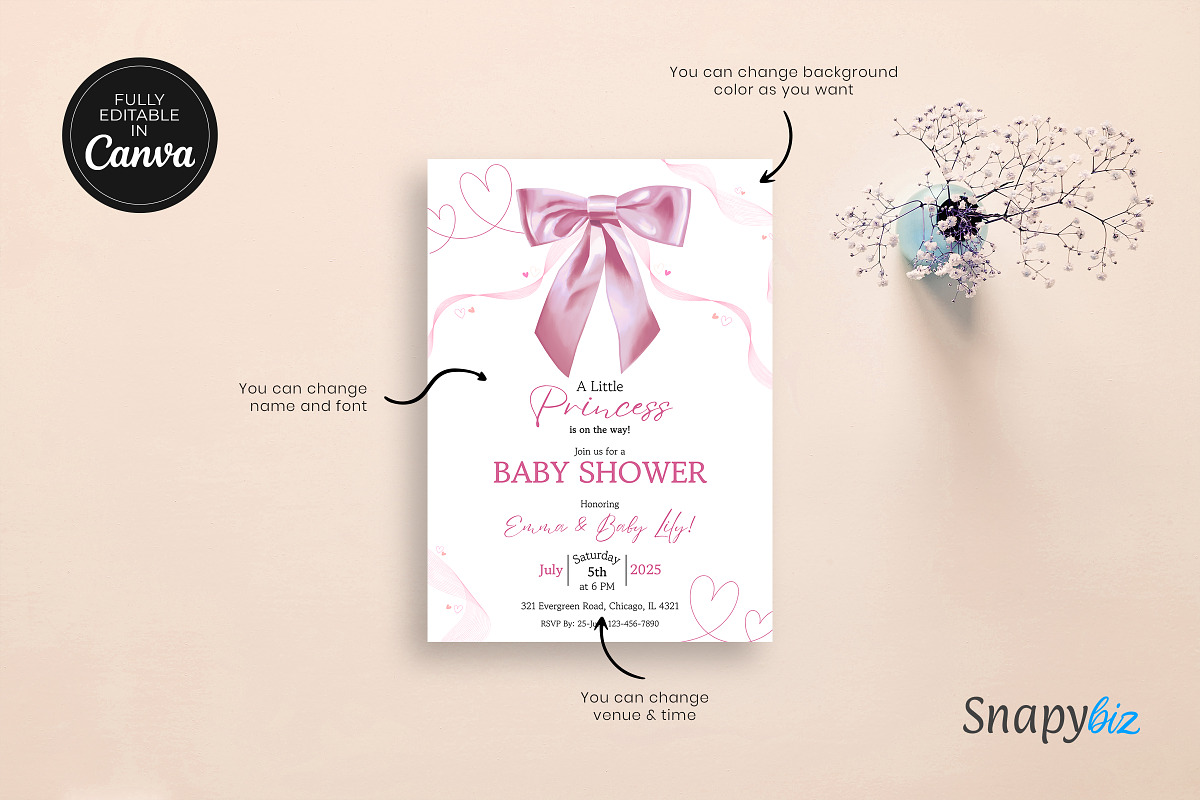 Pink Bow Baby Shower Invitation Temp, an Invitation Template by Snapybiz (Photo 7 of 9)
