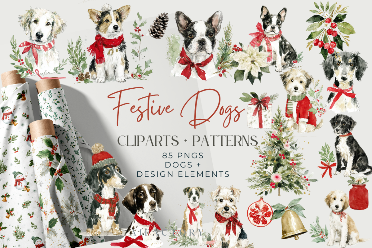 Christmas Watercolor Dogs Clipart, a Seasonal Illustration by artinspirestudio (Photo 1 of 8)
