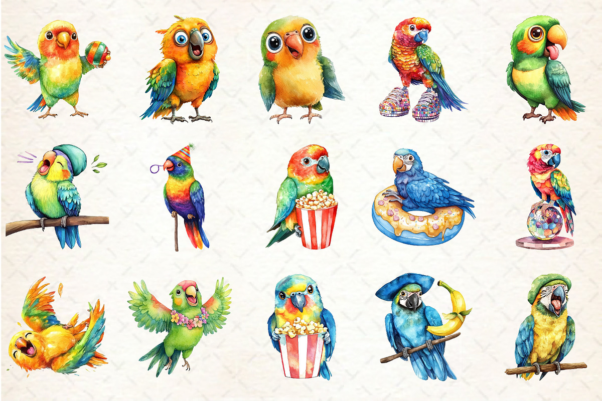 Watercolor Funny Parrots Clipart, an Illustration by Rose Art (Photo 2 of 3)