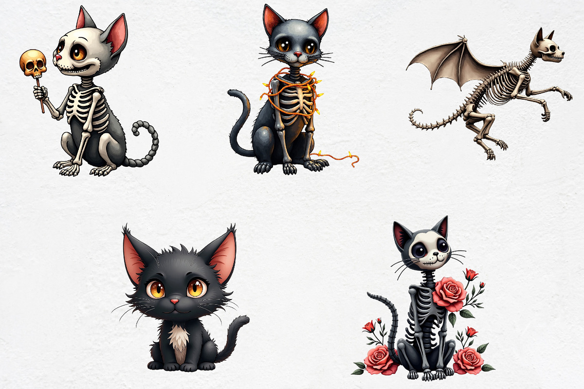 Watercolor Skeleton Black Cat Clipar, an Illustration by CrexoraLab (Photo 4 of 5)