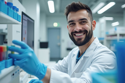 Scientist Working in Laboratory with, a Health & Medical Photo by angellodeco