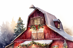 Watercolor Christmas Barn