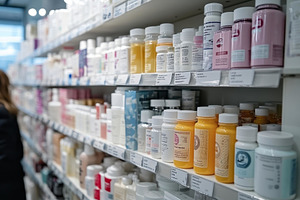Shelves filled with various health a, a Photo by Tanuart
