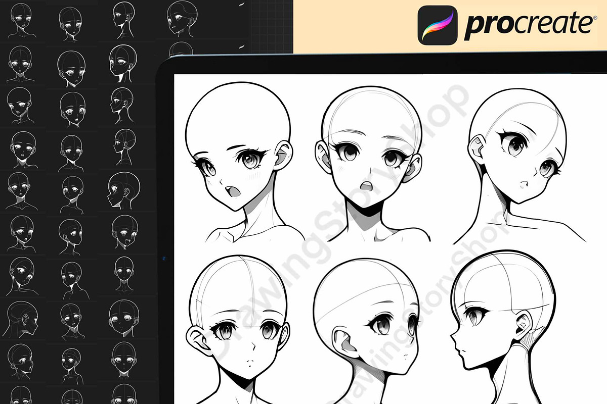 250 Base Procreate Head Anime Stamps, a Brush Add-On by DrawingStoryShop