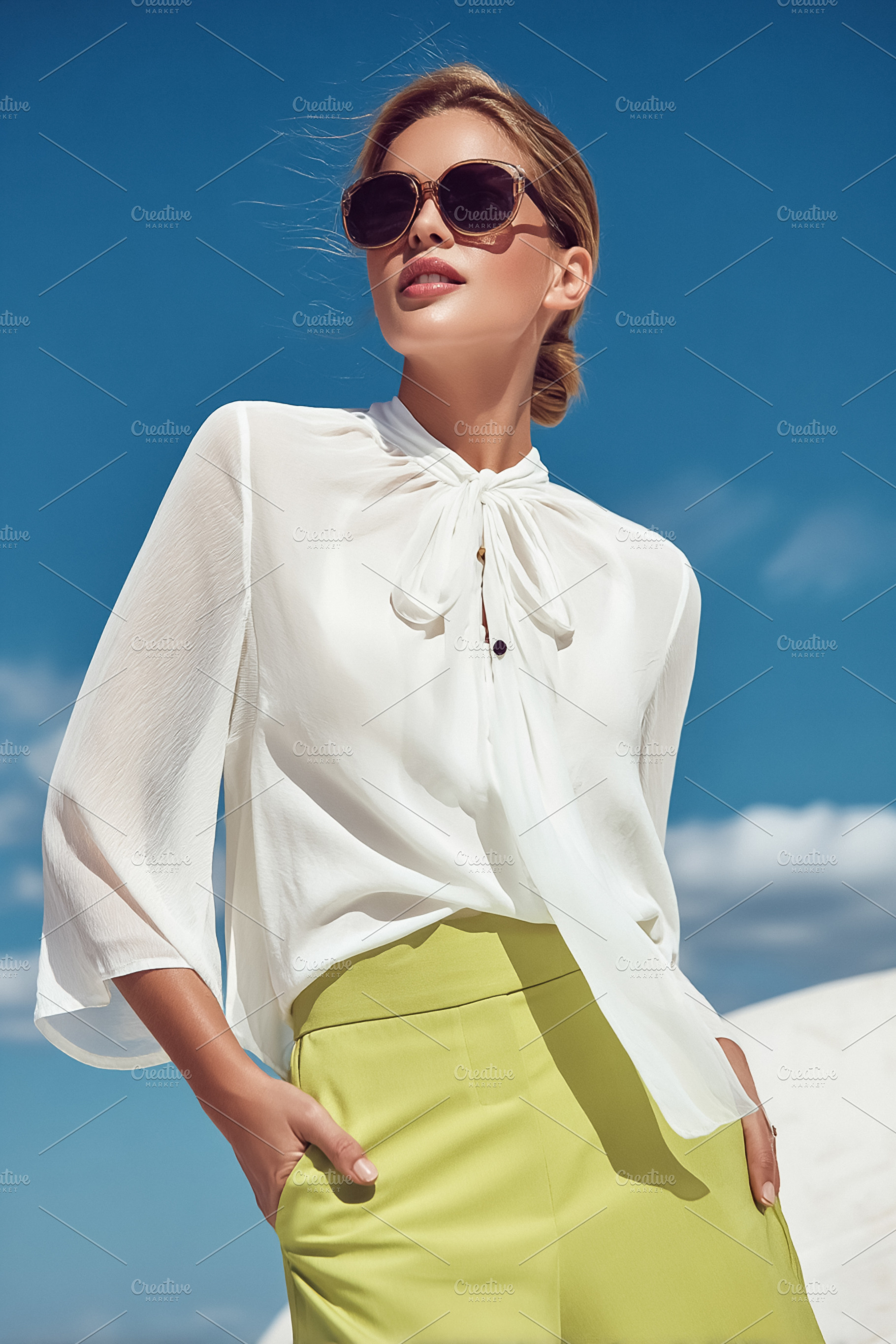 Stylish woman wearing fashionable sunglasses, white blouse, and, a Photo by Studio ANNA