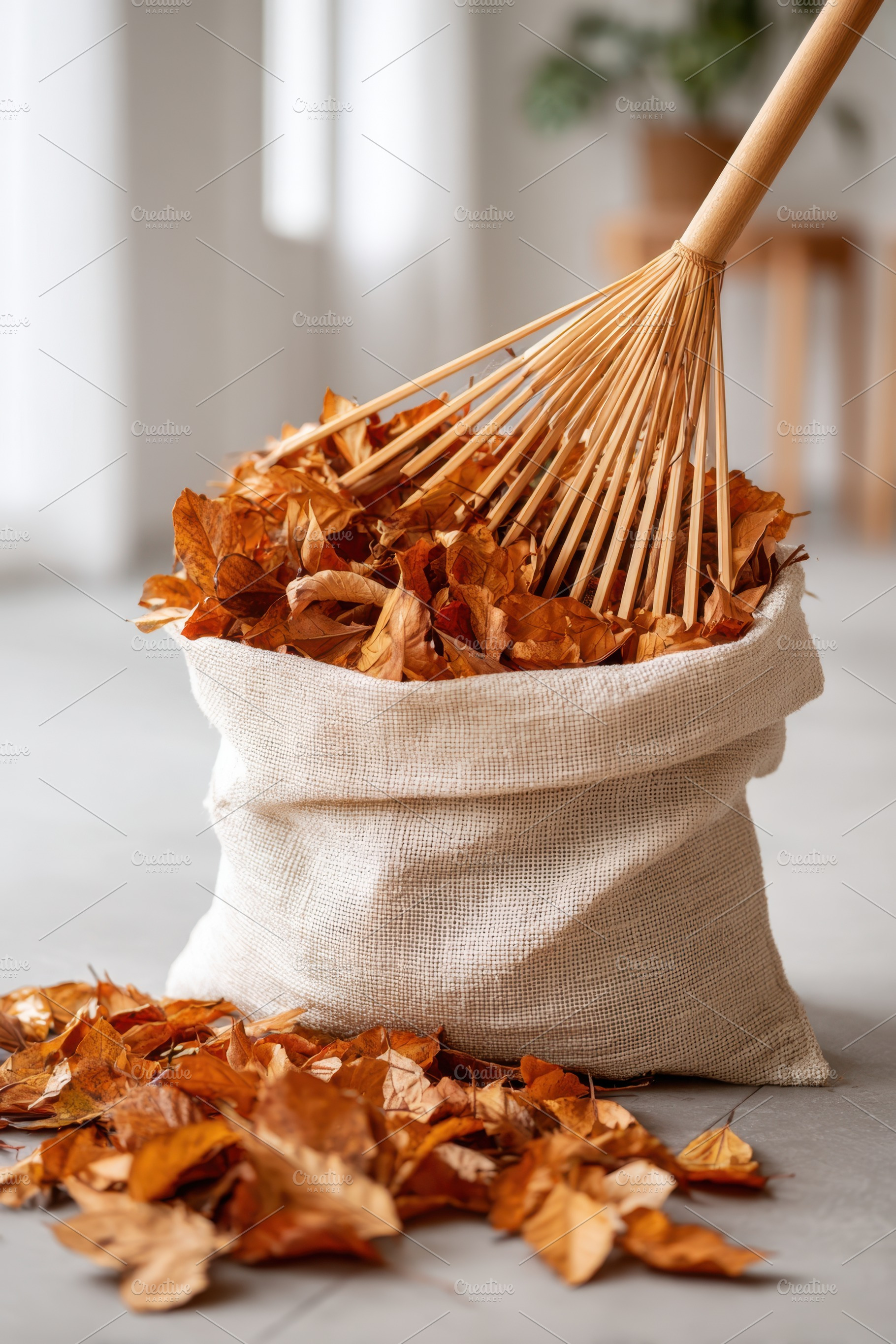 Autumn leaves in a burlap sack with a rake, a Nature Photo by AlyaAnd