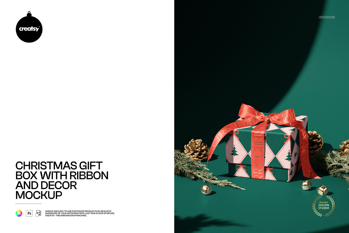 Christmas Gift Box with Decor Mockup, a Packaging Mockup by creatsy5 (Photo 1 of 6)