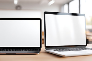 Laptop on desk with blank screen in bright workspace, a Technology Photo by AlyaAnd