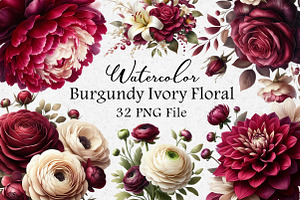 Burgundy & Ivory Floral Clipart, an Illustration by Dream Creation