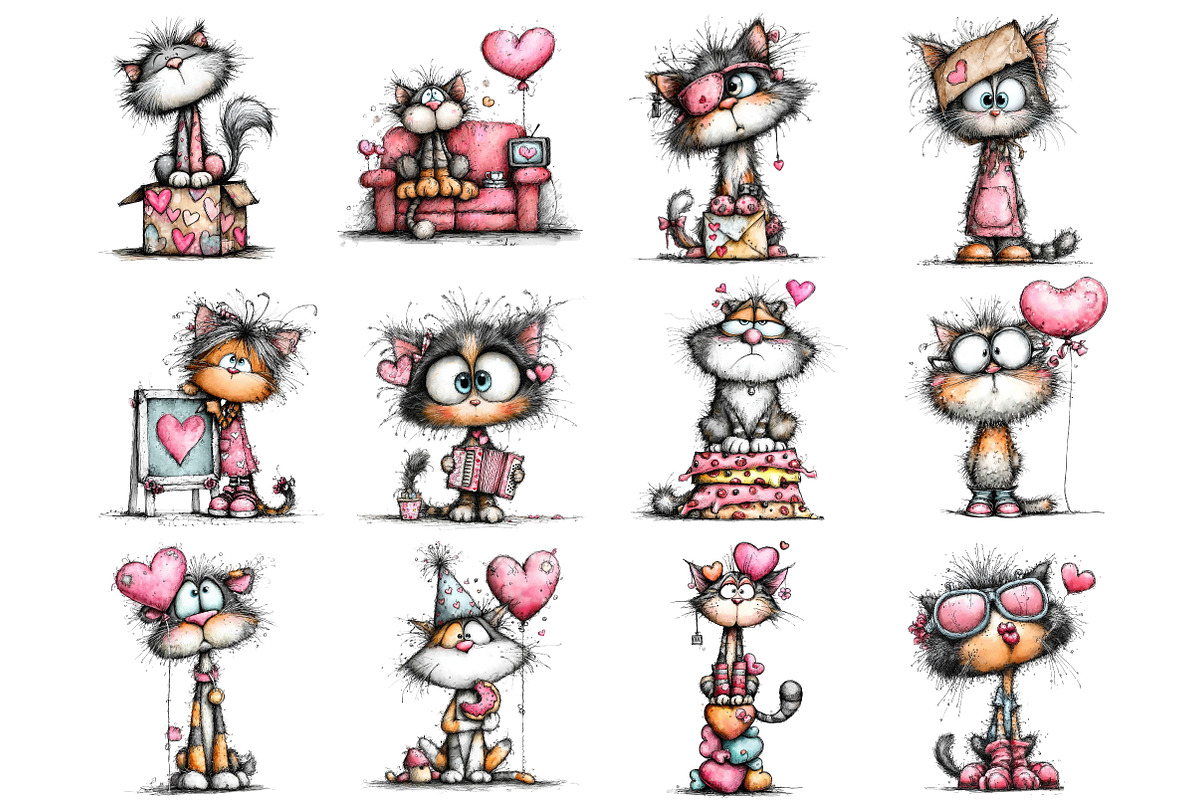 Quirky Valentine Cats Clipart, an Illustration by DreamArtGraphic (Photo 4 of 4)