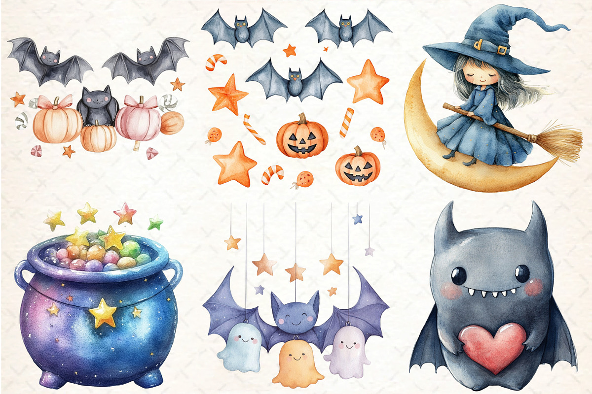 Watercolor Kawaii Halloween Clipart, an Illustration by DreamCafeArt (Photo 4 of 7)