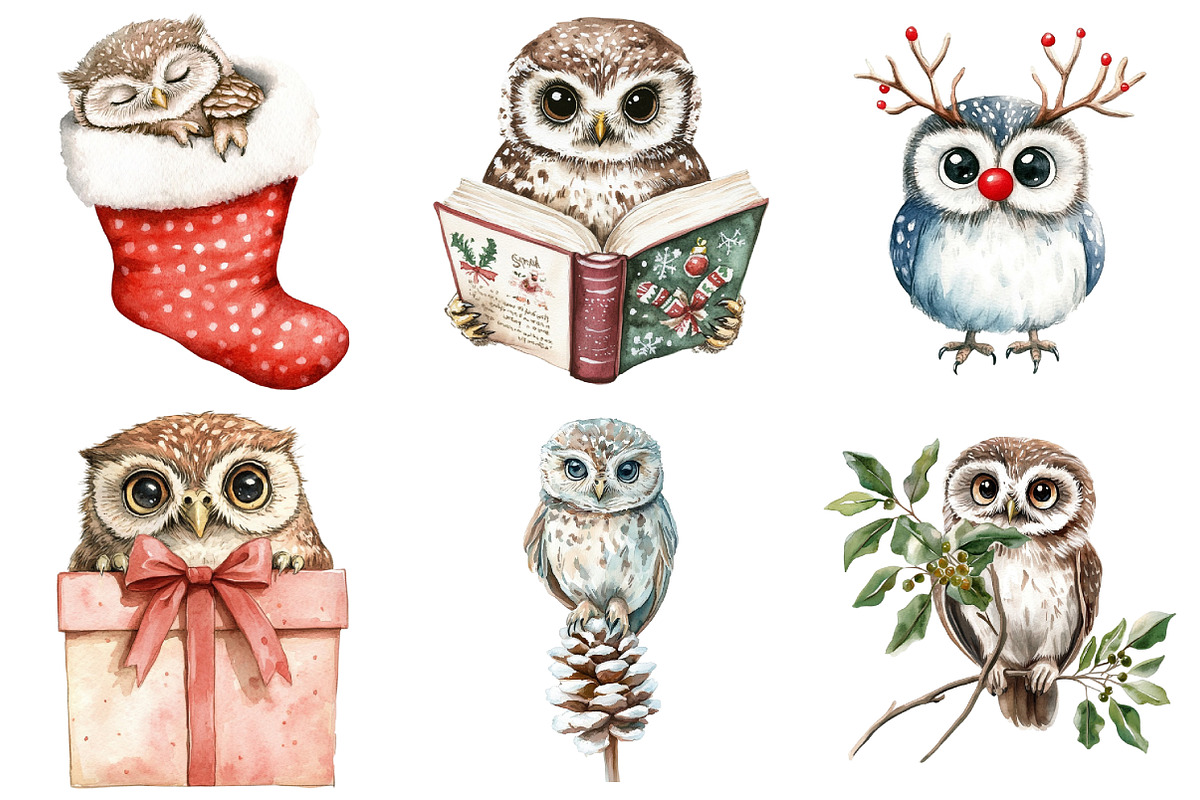 Christmas Owl Sublimation Clipart, a Seasonal Illustration by Daily.Designs