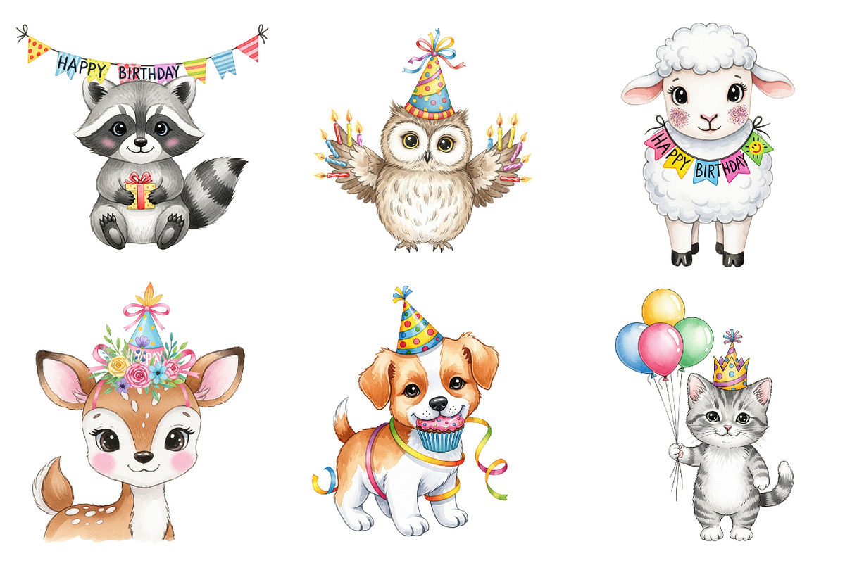 Birthday Baby Animal Clipart, Party, an Illustration by Watercolor design (Photo 3 of 4)
