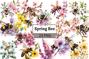 Watercolor Spring Bees and Flowers