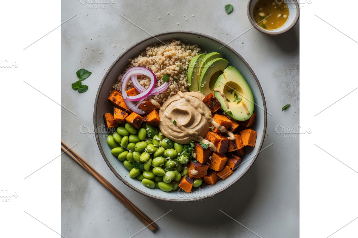 Healthy vegan Buddha bowl with, an Illustration by tilialucida