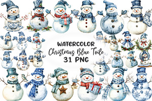 Christmas Blue Toile Snowman Clipart, an Illustration by CraftArtStudio