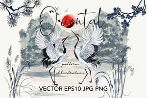 Oriental Cranes Vector Pattern, an Animal Illustration by FleurArt