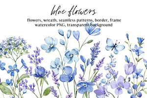 Blue flowers watercolor PNG clipart.