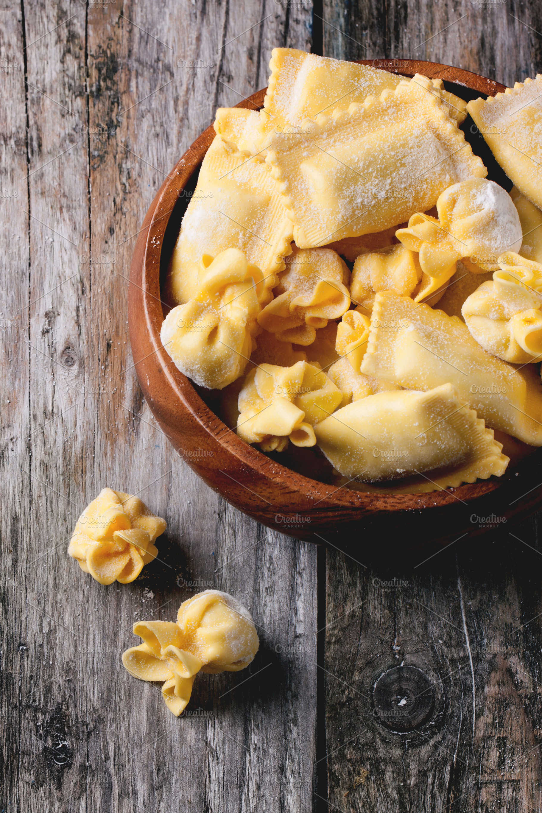 Pasta Ravioli In Wooden Bowl
