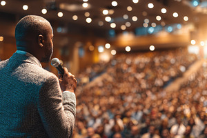 Man speaking at a large conference, a Photo by Pixeness Studio