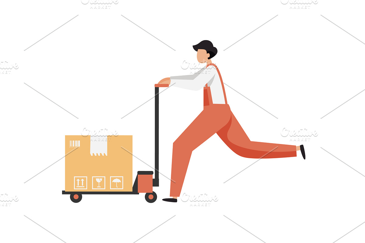 Man courier pushing trolley cart, a Transportation Illustration by Sky Pics Studio