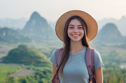 Smiling fitness enthusiast enjoys a nature hike in the mountain landscape under, a Person Photo by AlyaAnd