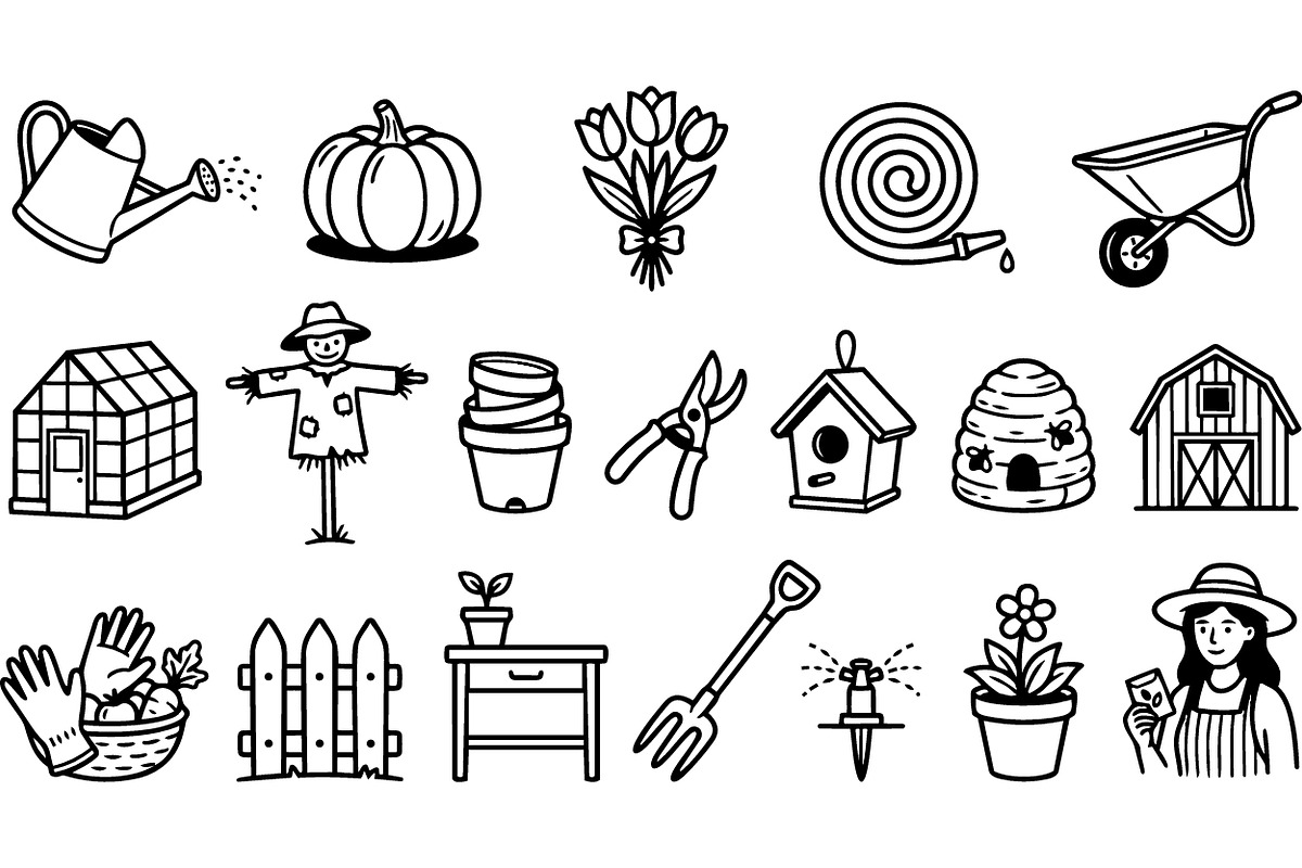 Hand Drawn Gardening Tools Set, an Illustration by designvectx (Photo 1 of 3)
