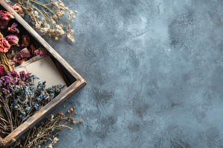 Wooden box filled with dried flowers on gray textured surface., an Abstract Photo by Natalia Klenova's Shop