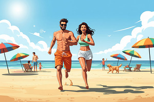 Illustration couple running beach, a Holiday Photo by angellodeco